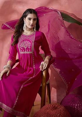 Magenta Embroidered Blended Kurta Set