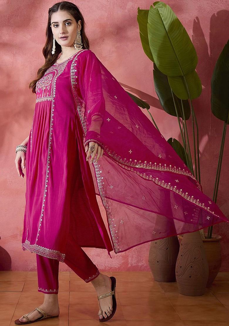 Magenta Embroidered Blended Kurta Set - Indya