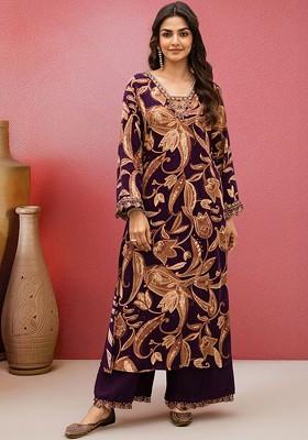 Purple Printed Blended Kurta Set