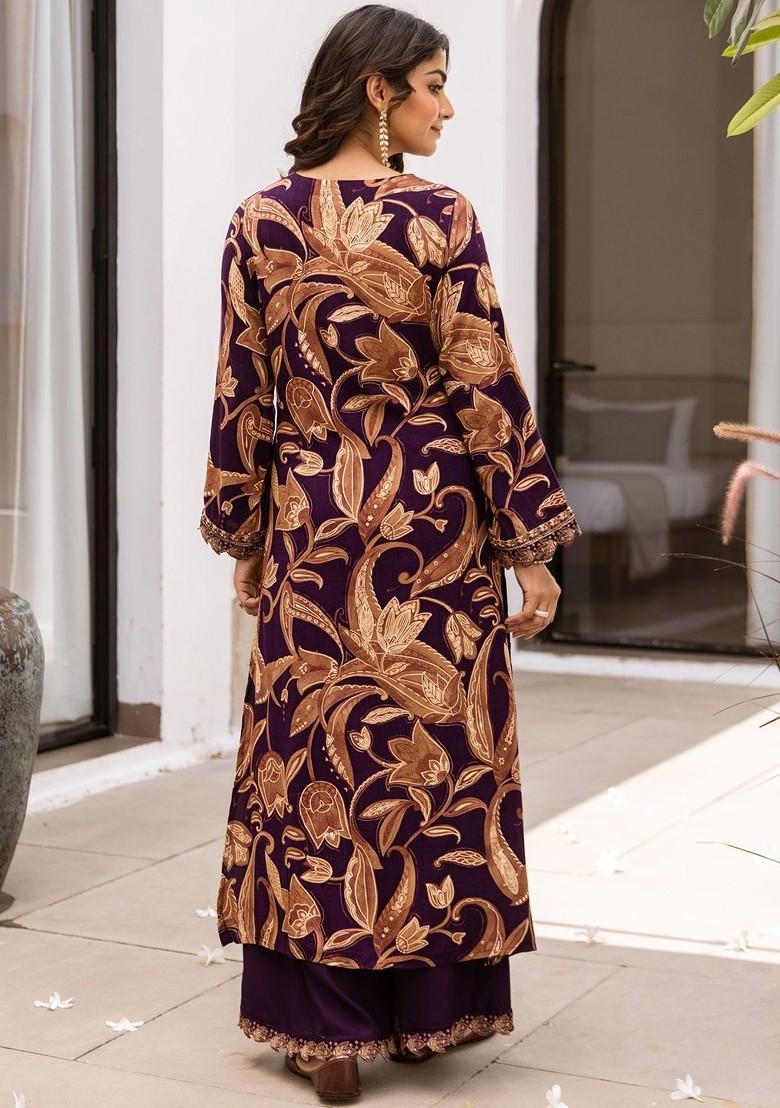 Purple Printed Blended Kurta Set - Indya