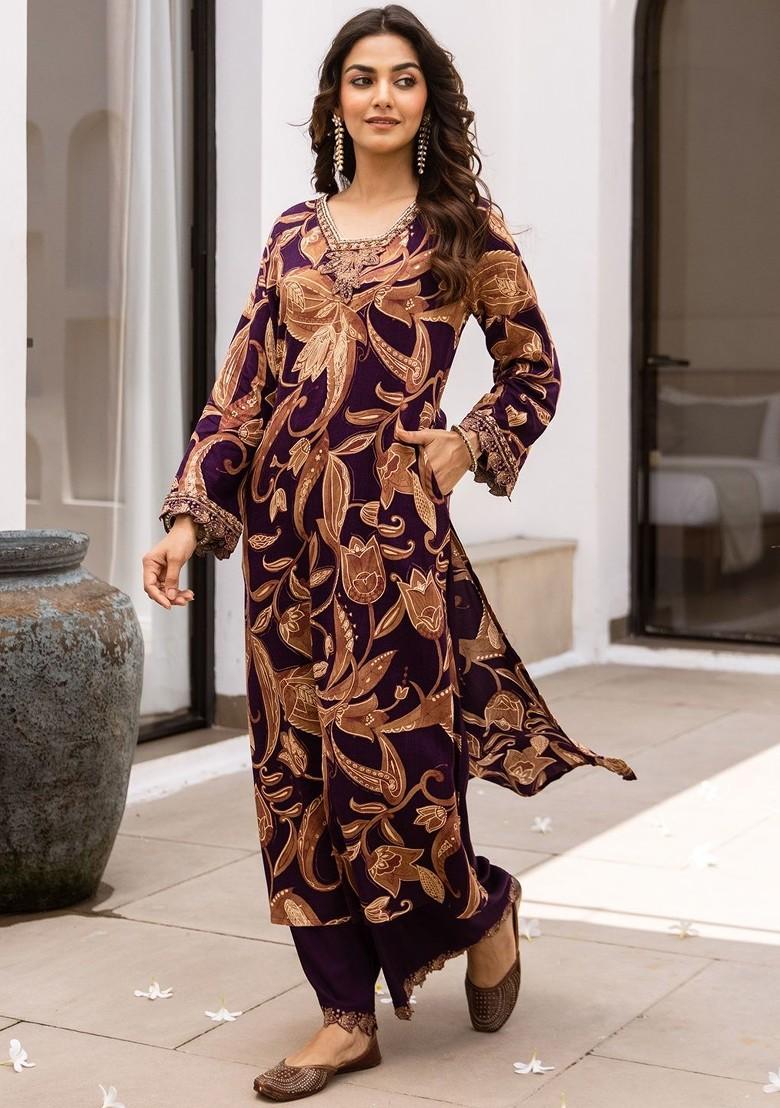 Purple Printed Blended Kurta Set - Indya