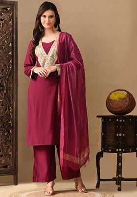 Magenta Embroidered Blended Kurta Set