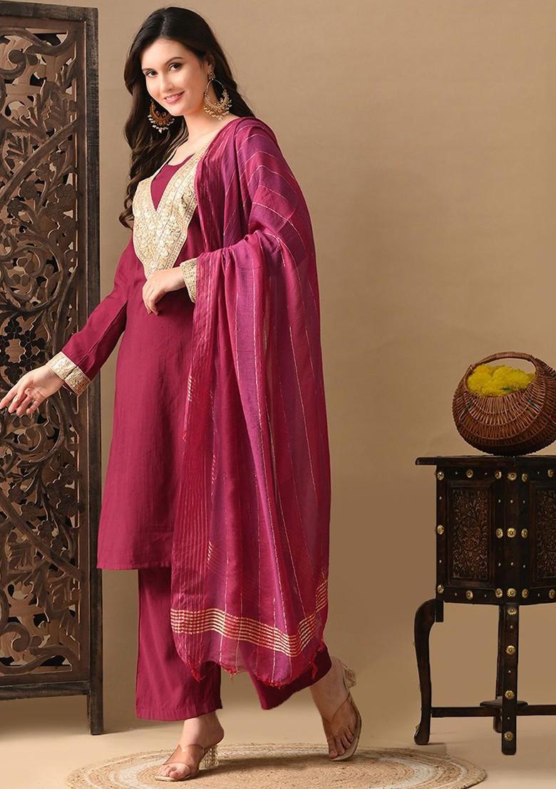 Magenta Embroidered Blended Kurta Set - Indya