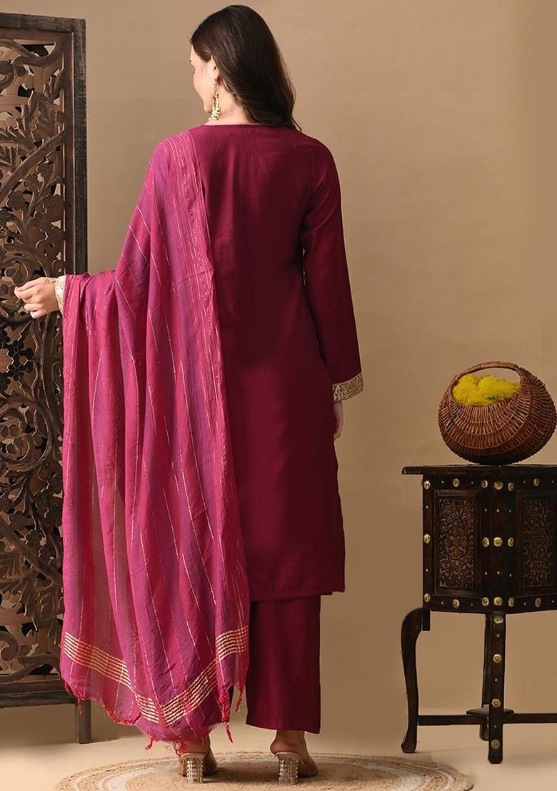 Magenta Embroidered Blended Kurta Set - Indya