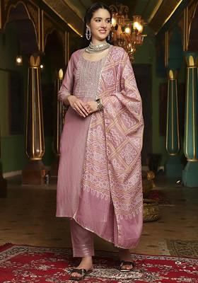 Mauve Embroidered Blended Kurta Set