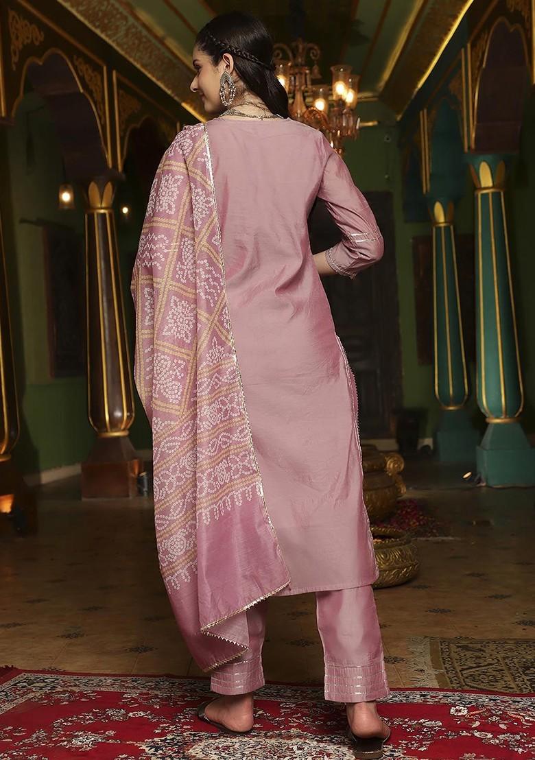 Mauve Embroidered Blended Kurta Set - Indya