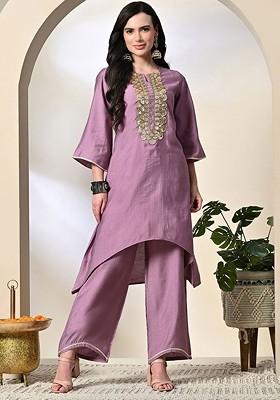 Lavender Embroidered Blended Kurta Set
