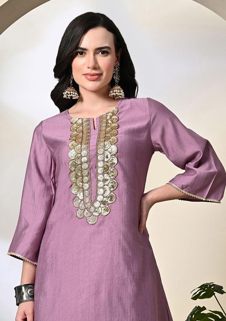 Lavender Embroidered Blended Kurta Set - Indya