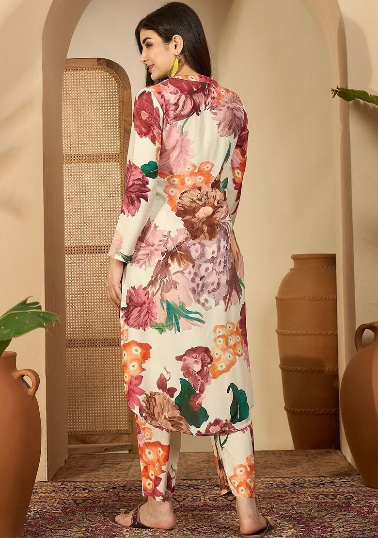 Nude Printed Blended Kurta Set - Indya