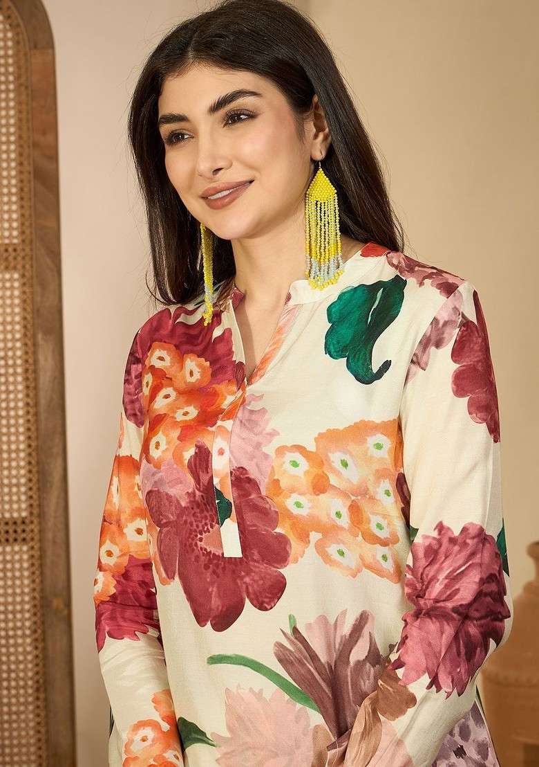 Nude Printed Blended Kurta Set - Indya