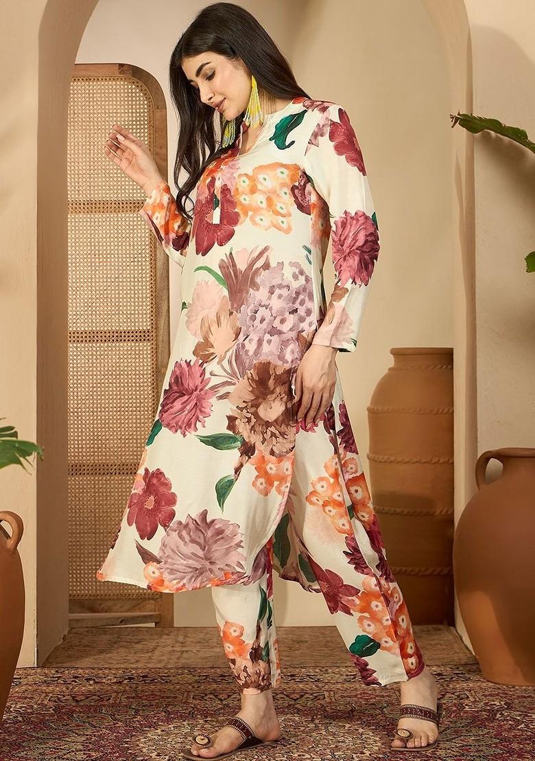 Nude Printed Blended Kurta Set - Indya
