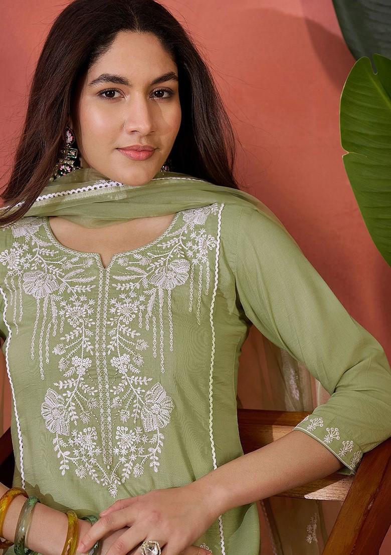 Green Embroidered Blended Kurta Set - Indya