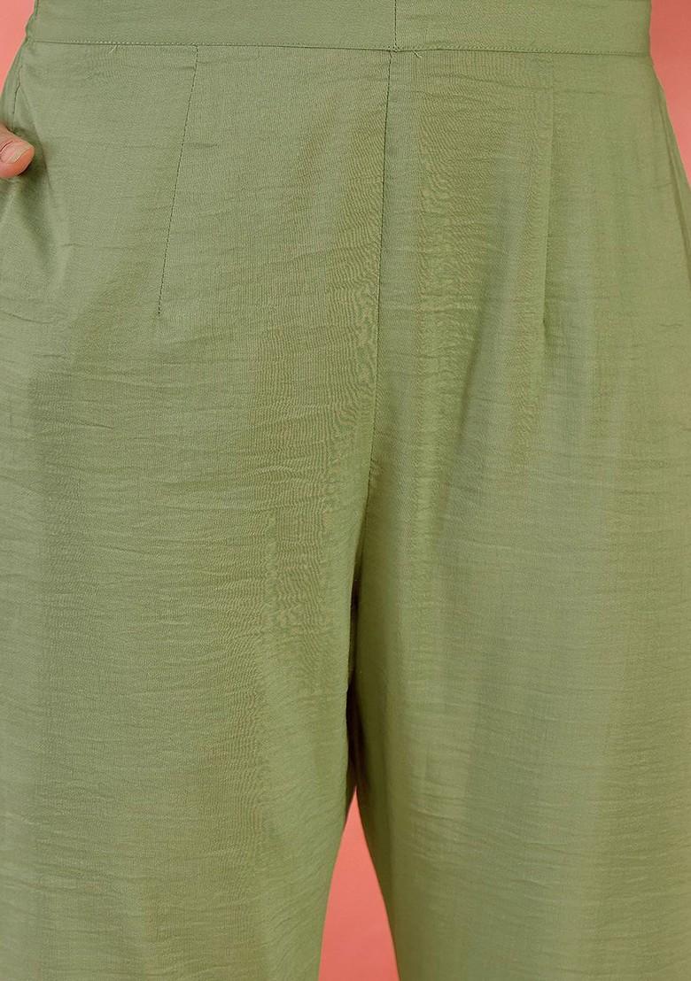 Green Embroidered Blended Kurta Set - Indya