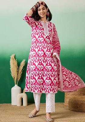 Pink Printed Blended Kurta Set
