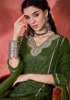 Green Embroidered Blended Kurta Set