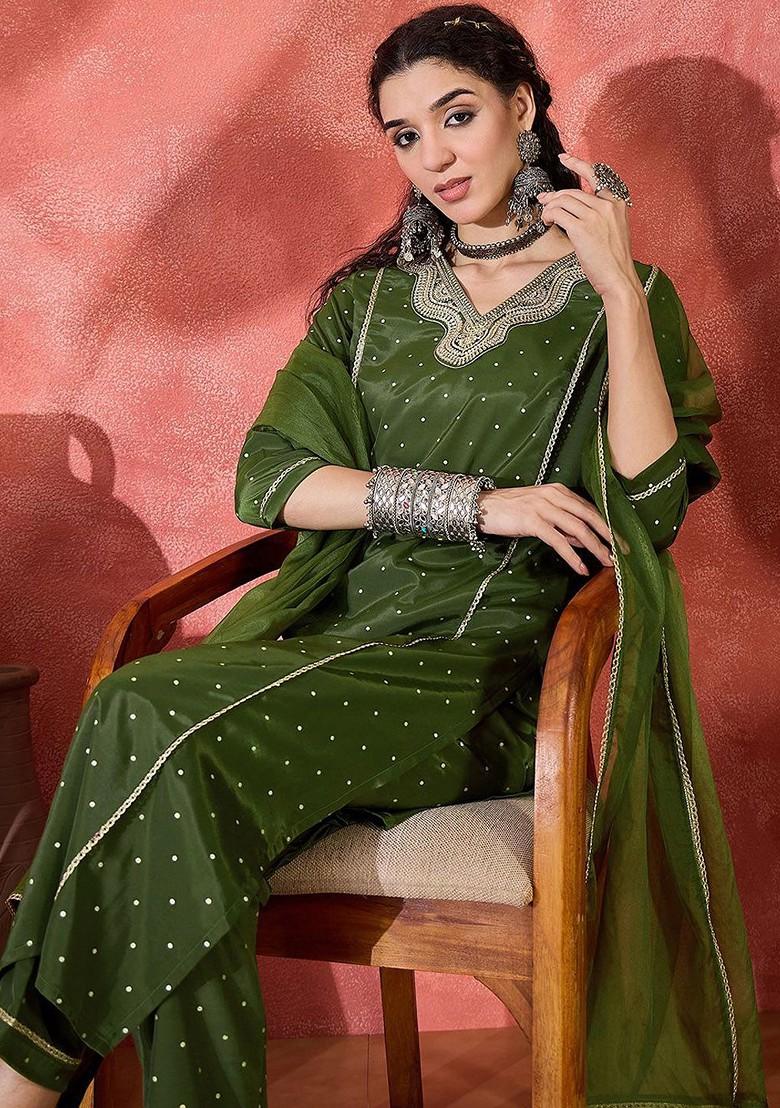 Green Embroidered Blended Kurta Set - Indya