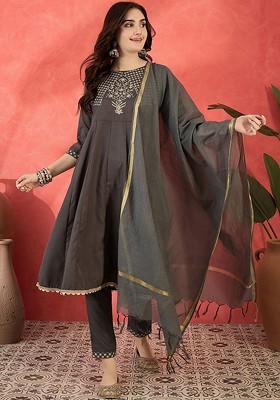 Grey Embroidered Blended Kurta Set