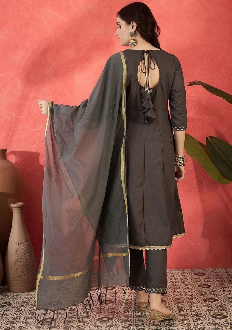 Grey Embroidered Blended Kurta Set - Indya