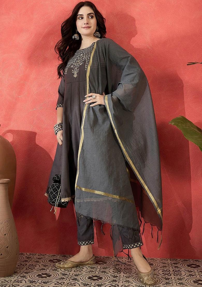 Grey Embroidered Blended Kurta Set - Indya