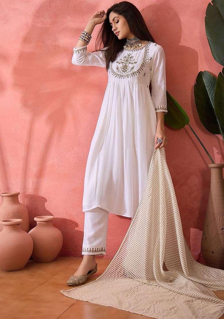 Off White Embroidered Blended Kurta Set - Indya