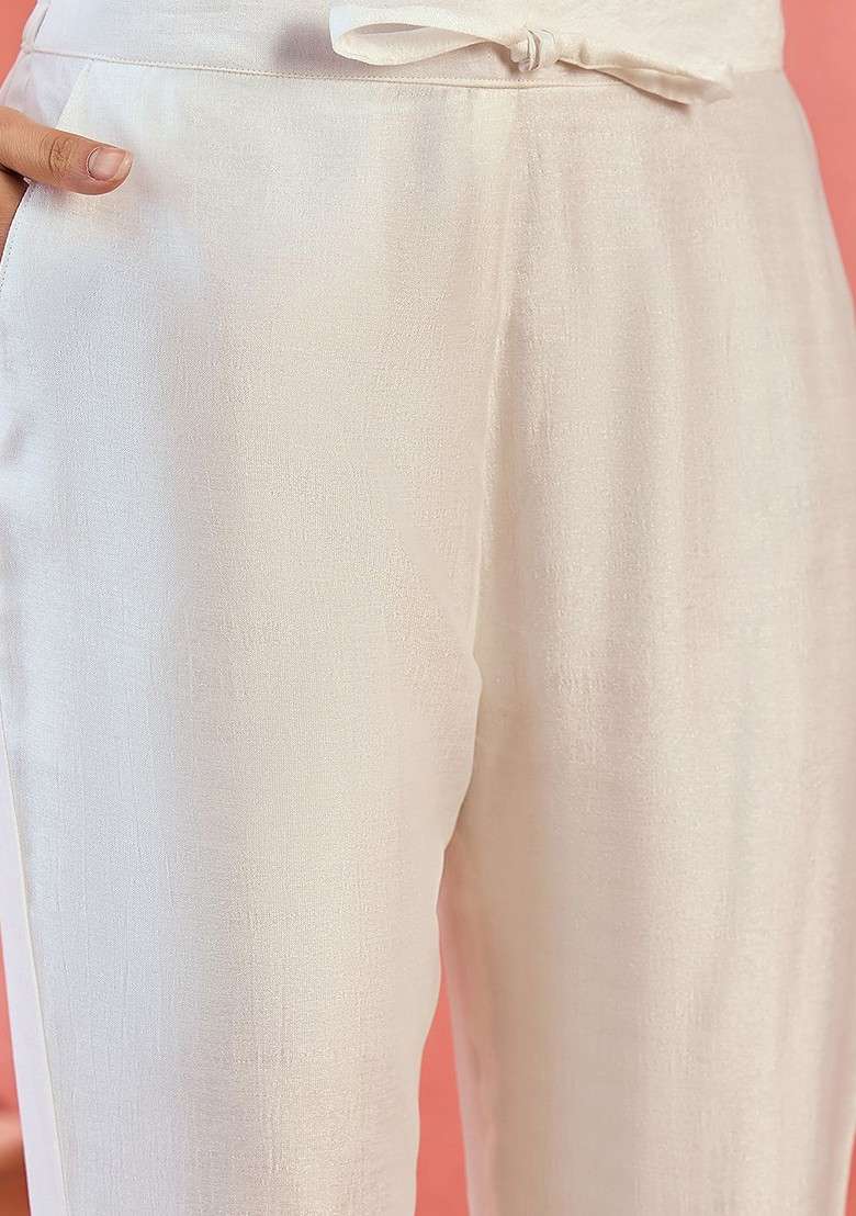 Off White Embroidered Blended Kurta Set - Indya