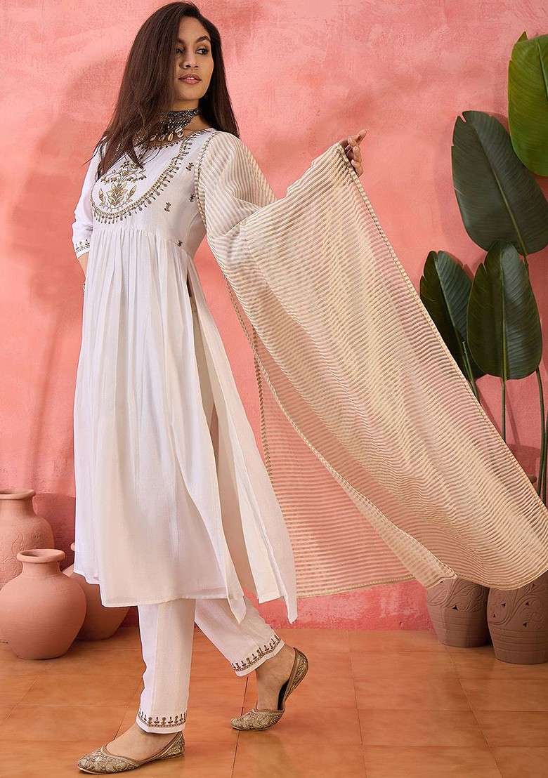 Off White Embroidered Blended Kurta Set - Indya