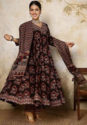 Black Printed Blended Kurta Set