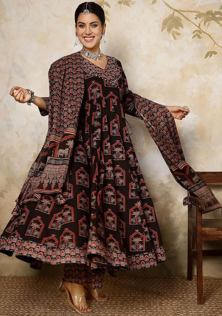 Black Printed Blended Kurta Set - Indya