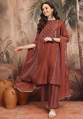 Brown Printed Blended Kurta Set