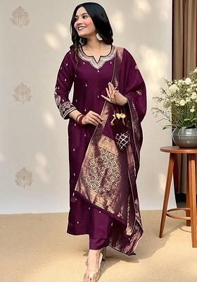 Purple Embroidered Blended Kurta Set