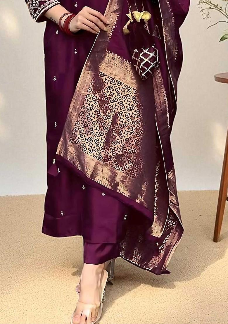 Purple Embroidered Blended Kurta Set - Indya