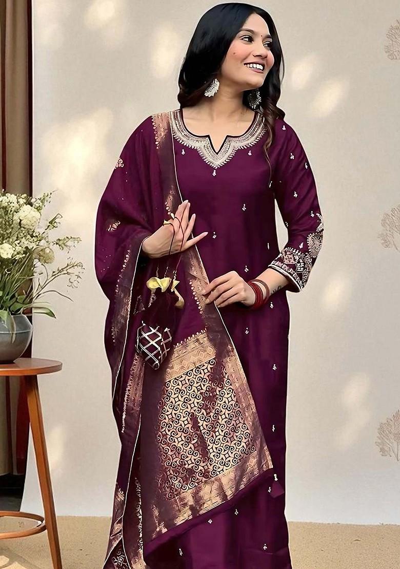 Purple Embroidered Blended Kurta Set - Indya