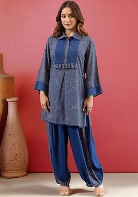Blue Printed Blended Kurta Set