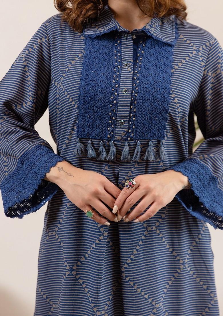Blue Printed Blended Kurta Set - Indya