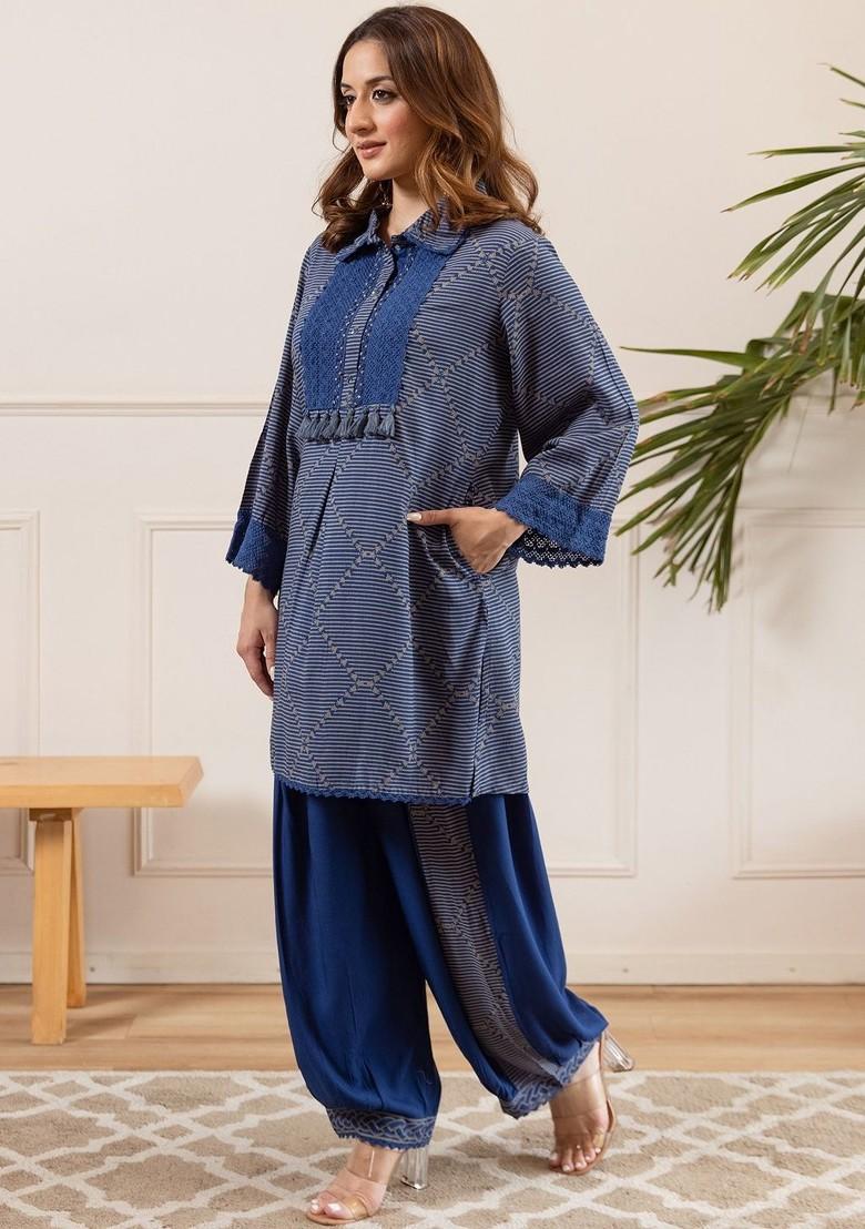 Blue Printed Blended Kurta Set - Indya