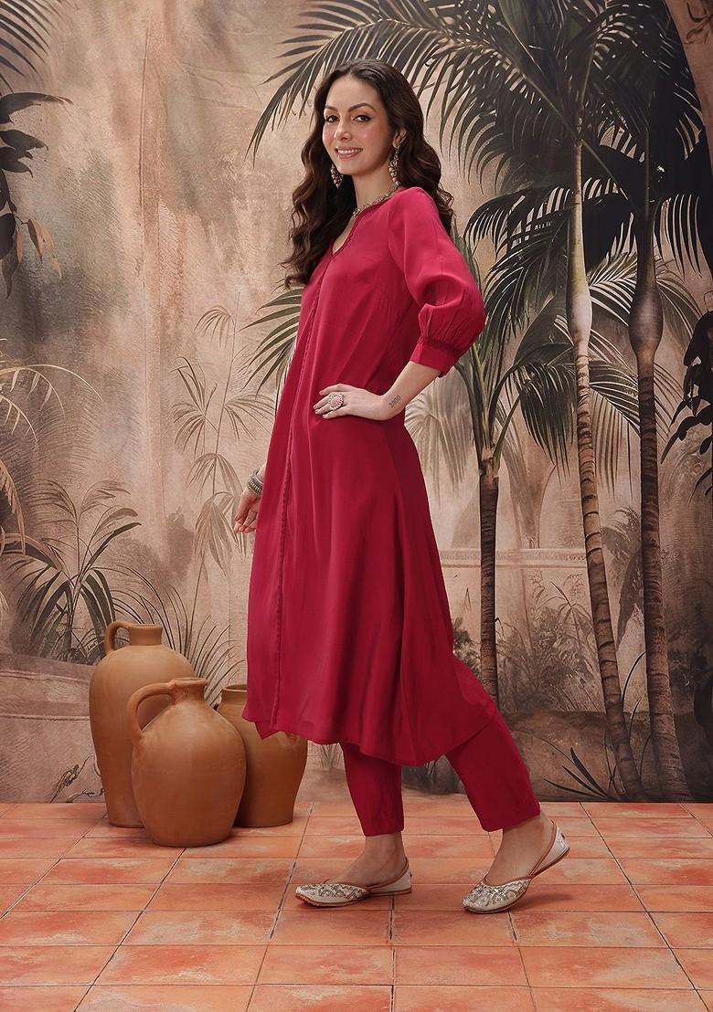 Maroon Solid Blended Kurta Set - Indya