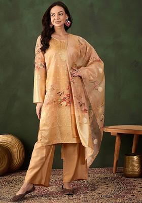 Beige Printed Blended Kurta Set