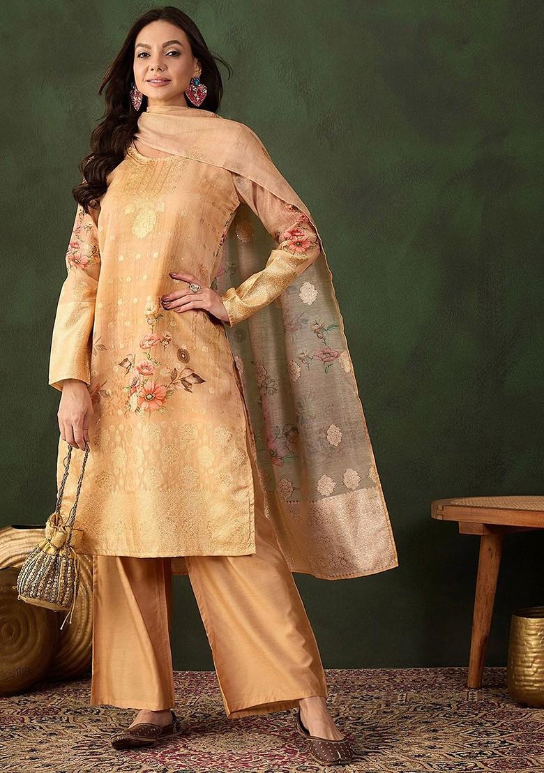 Beige Printed Blended Kurta Set - Indya
