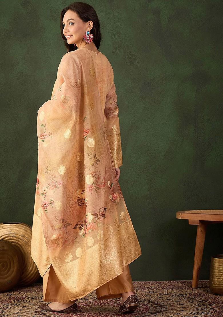 Beige Printed Blended Kurta Set - Indya