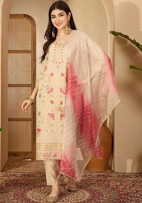 Cream Embroidered Blended Kurta Set