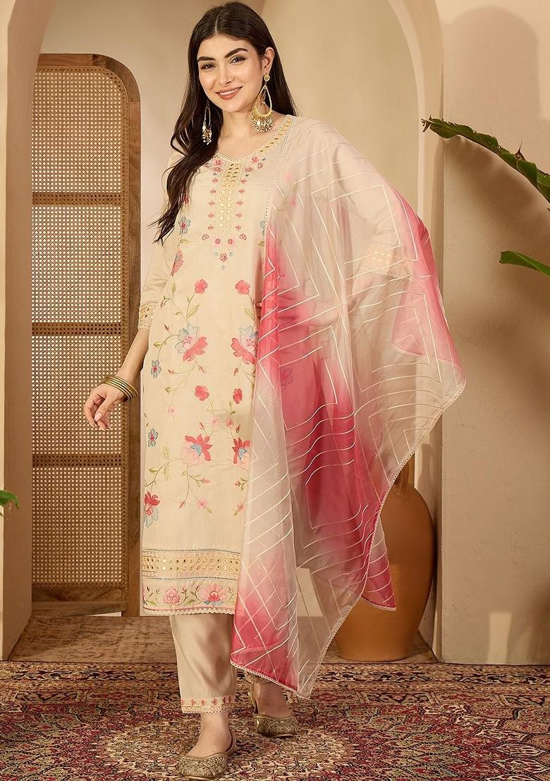 Cream Embroidered Blended Kurta Set - Indya