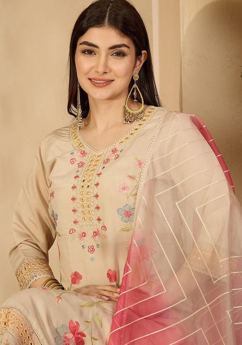 Cream Embroidered Blended Kurta Set - Indya