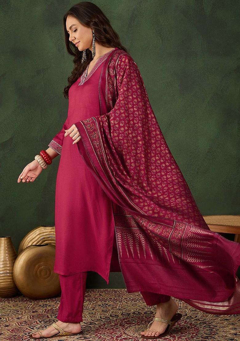Maroon Thread Work Blended Kurta Set - Indya
