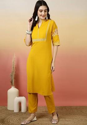 Mustard Embroidered Blended Kurta Set