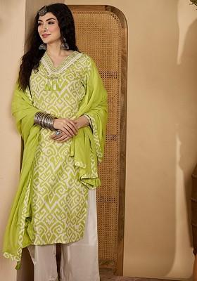 Green Printed Blended Kurta Set