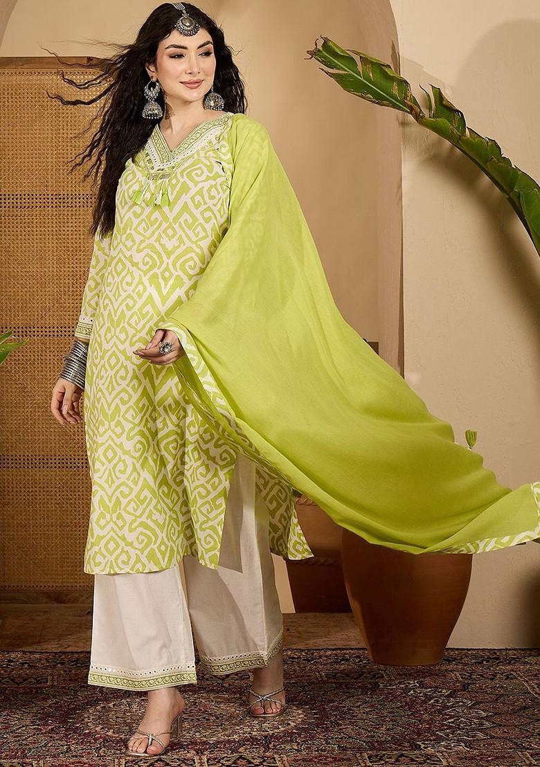 Green Printed Blended Kurta Set - Indya