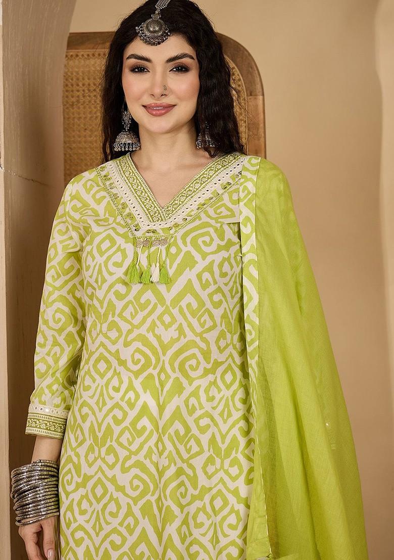 Green Printed Blended Kurta Set - Indya