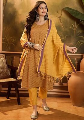 Mustard Woven Design Blended Kurta Set