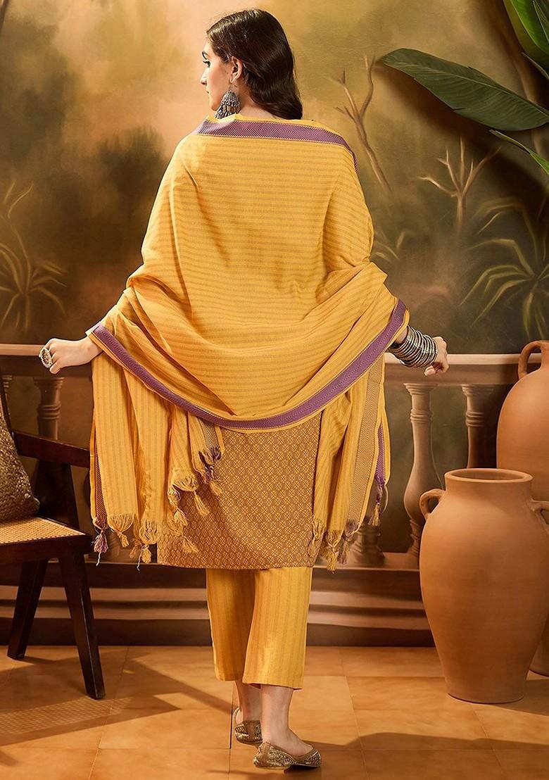 Mustard Woven Design Blended Kurta Set - Indya
