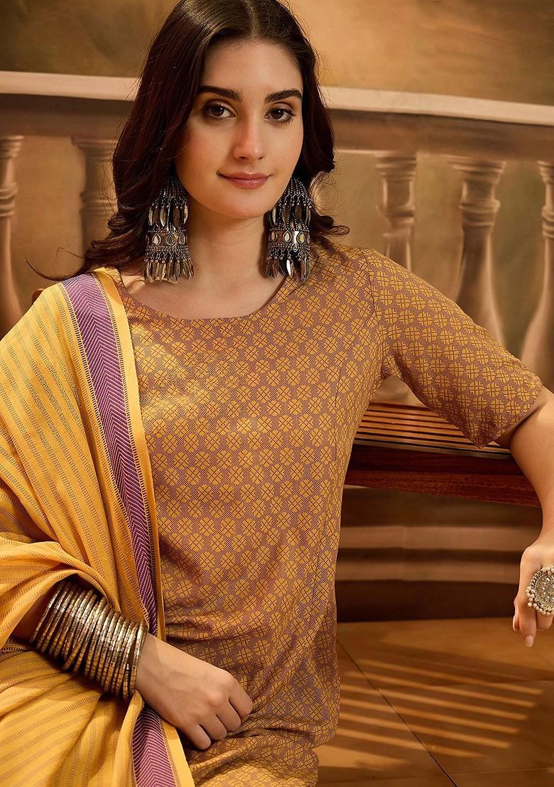 Mustard Woven Design Blended Kurta Set - Indya